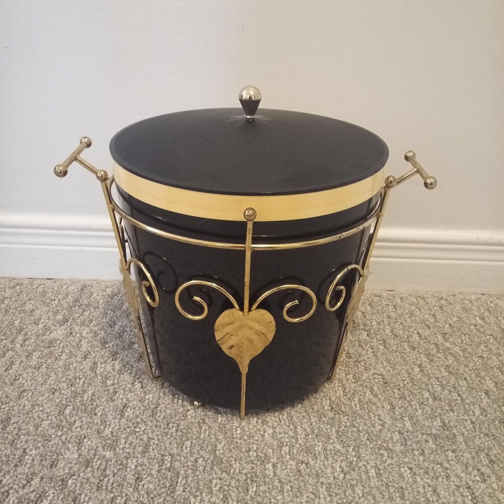 Vintage THERMOS ice bucket, black & gold, rare and retro